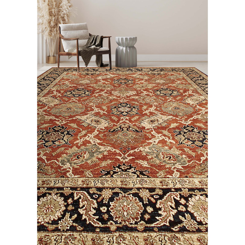 Tapis rouille et bleu marine de haute qualité noué à la main, Rectangle 6 pi x 9 pi