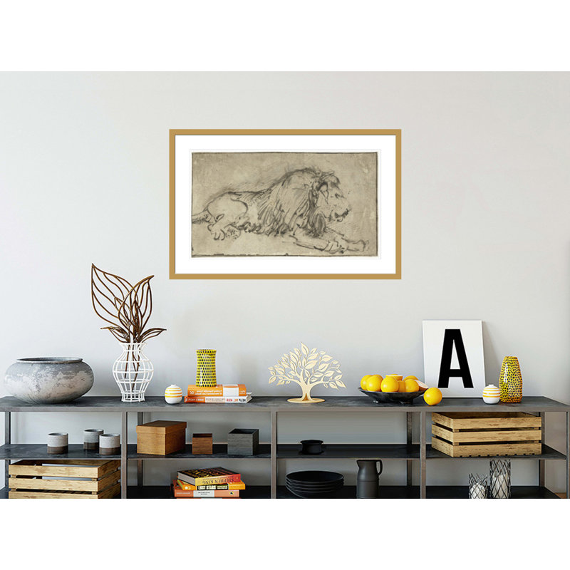 «Lion reposing» par Rembrandt van Rijn - Estampe numérique encadrée, H 26,82 po x l 41,5 po