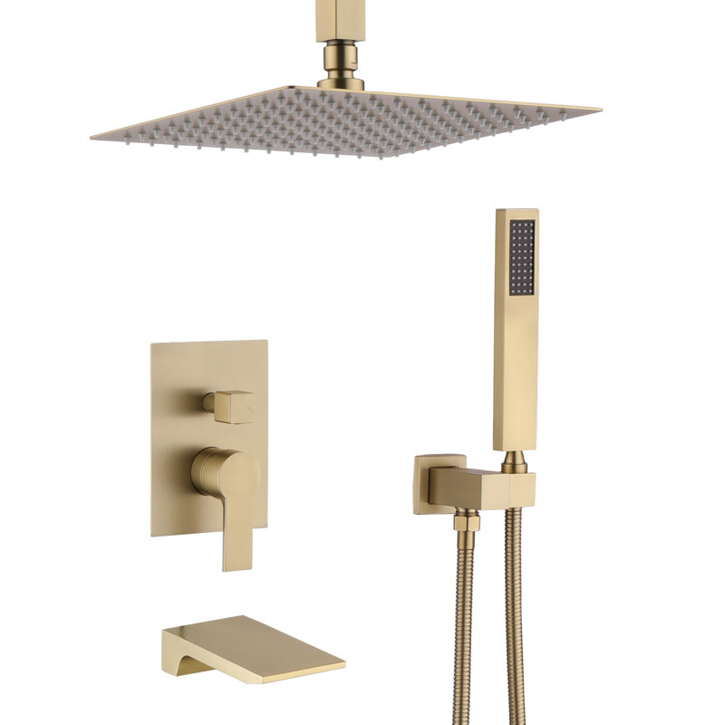 12inches Rain Shower Faucet Sets with Waterfall Tub Spout and Handheld Shower Head, Brushed Gold