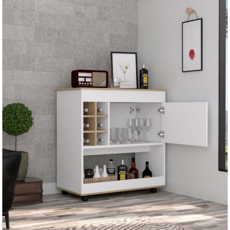 Chariot-bar, six casiers à bouteilles, armoire d'appoint, Blanc