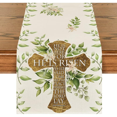 He Is Risen Easter Table Runner, Spring Seasonal Holiday Kitchen Dining Table Decoration For Indoor Outdoor Home Party Decor