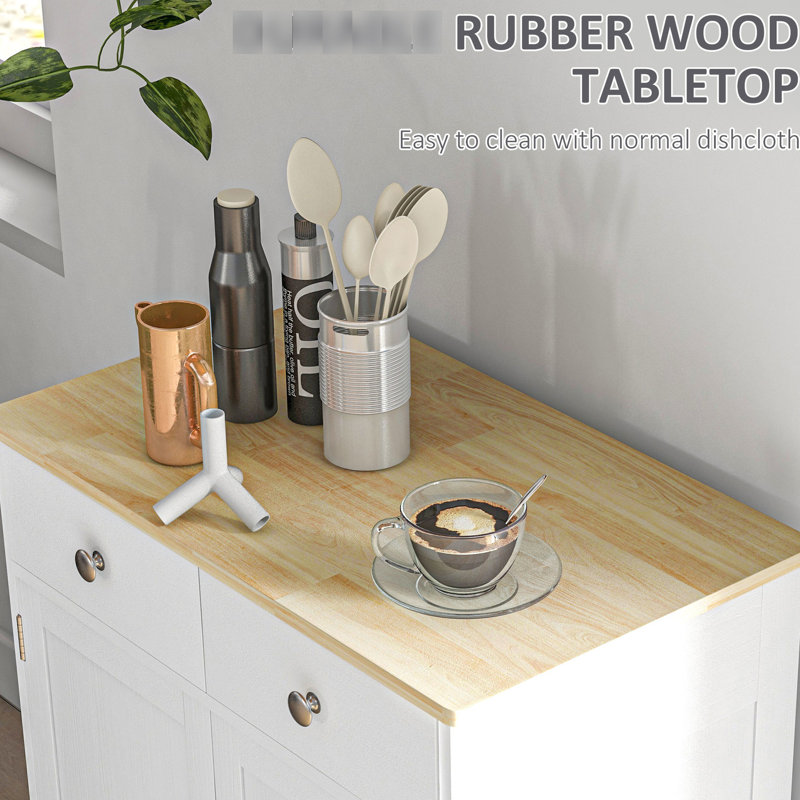 Buffet blanc vieilli - comptoir en bois massif avec 2 tiroirs, portes et tablette réglable pour le comptoir de rangement de cuisine,