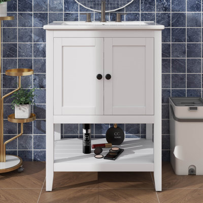 Meuble-lavabo 24 po avec lavabo en céramique, armoire avec tablette réglable et espace de rangement ouvert