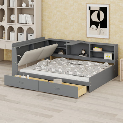 Vintage Platform Bed Built with Storage Headboard, Shelves and Two Storage Drawers