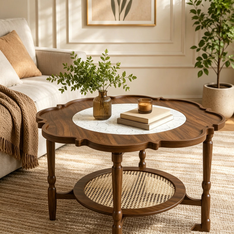Table basse à forme pétale et verre à motif craquelé blanc, table basse à 2 niveaux avec rotin, Walnut