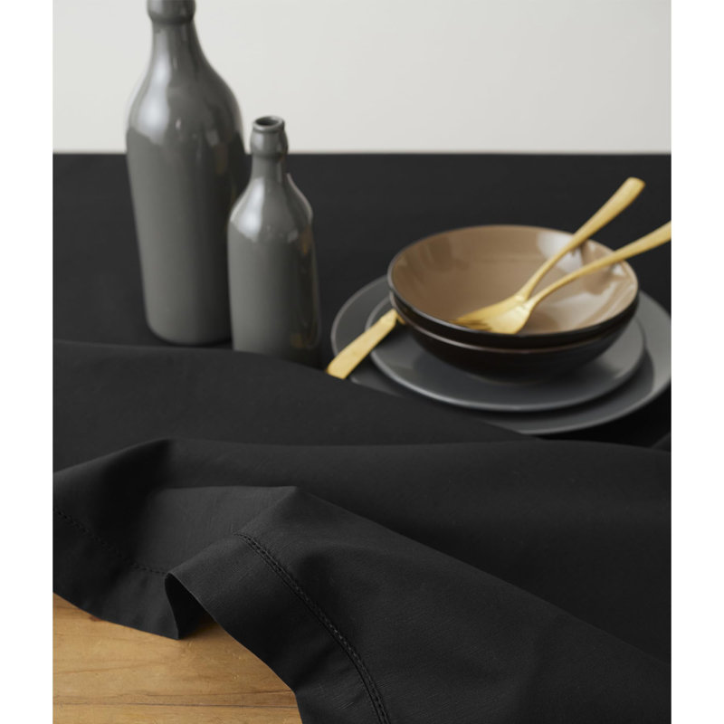 Cotton Linen Hemstitch Tablecloth, Black, 156" x 60"