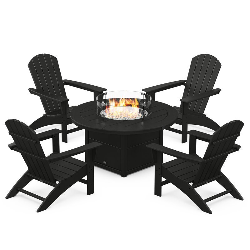 Nautical 5-Piece Adirondack Chair Conversation Set with Fire Pit Table, Black