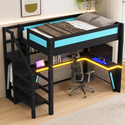 Lit mezzanine double avec bureau et garde-robe, structure de lit mezzanine avec DEL, USB intégré, noir et rouge