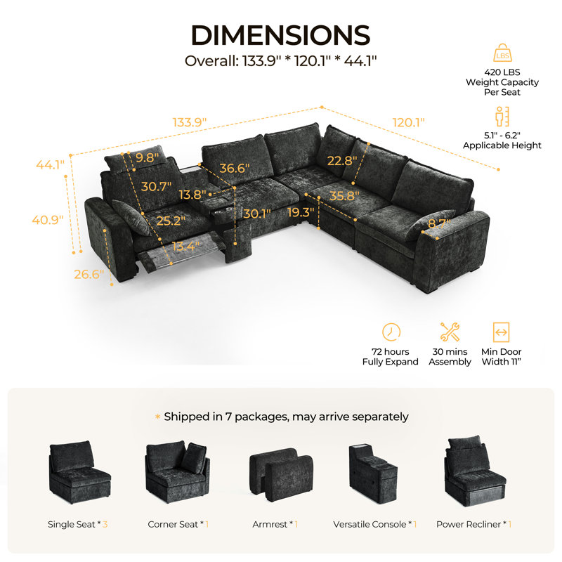 5-seater Oversized Modular Sofa Comfy Cloud Couch With Storage, Chenille Deep Convertible Sectional Sleeper Sofa Bed, Pet Friendly Covers Washable
