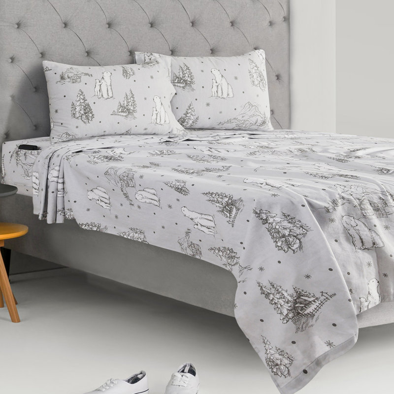 Ensemble de draps 100% flanelle de coton Colyt, Ensemble pour très grand lit + drap-housse + 2 ta, Ours polaire