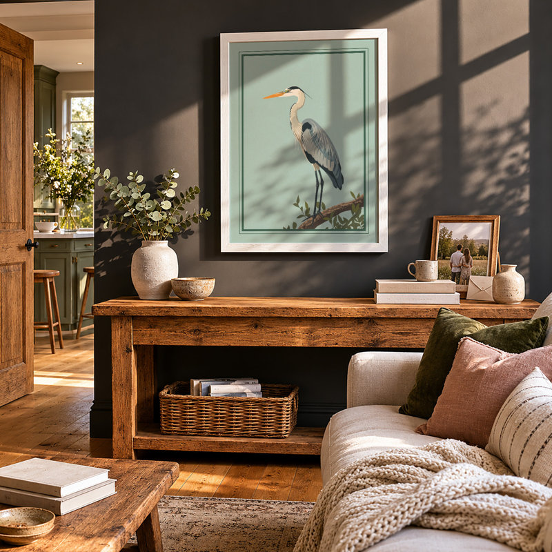 Great Blue Heron Japandi - Framed Print, A1 - 84.1 x 59.4 cm, White