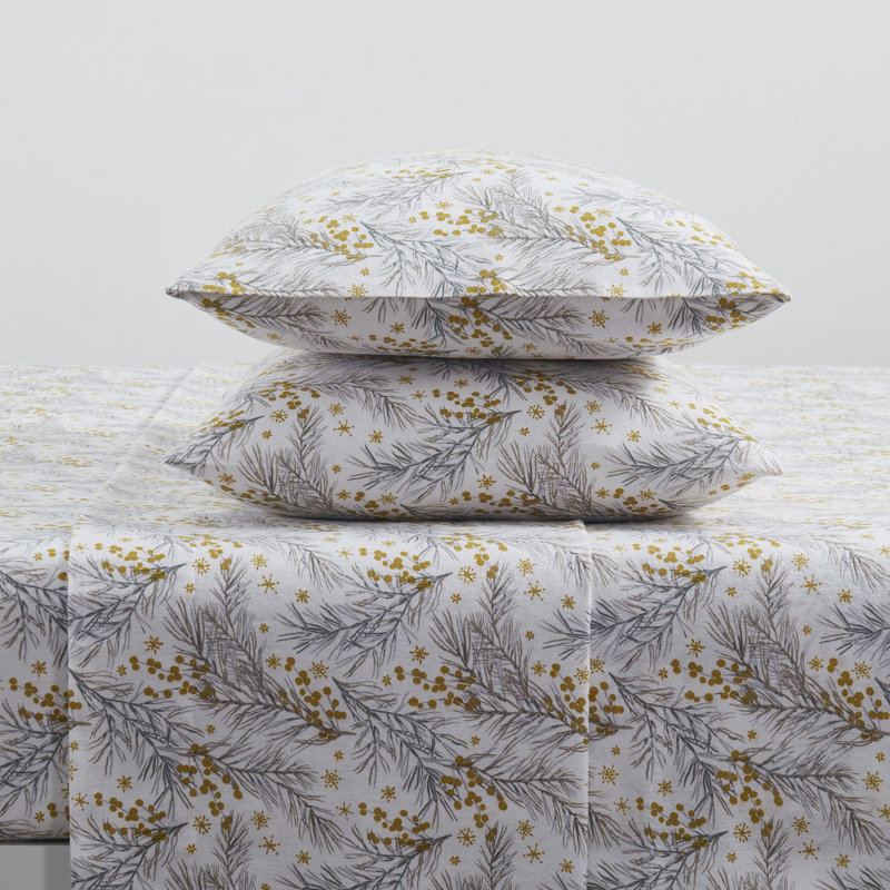 Pine Triple Brushed Cotton Flannel Bed Sheet Set, Gold, Queen Sheet Set with Fitted Sheet and Pillowcases