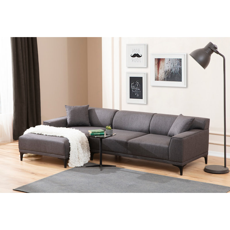 Modern Corner Sofa, Anthracite Color, 57.1 x 98.4 x 33.9 inches | Beech Wood & Chipboard Frame, 100% Polyester Fabric | 28 DNS Grey Foam + Feather Cushions, 2 Pillows Included, Industrial Scandinavian Design, Easy Care