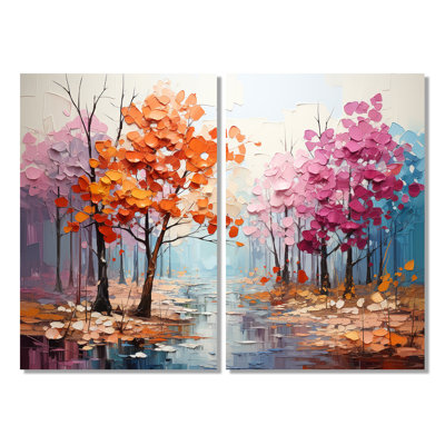 Orange, rose, Neo Primal Forest Collage - Art mural traditionnel