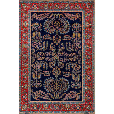 Navy Themed Traditional Motif Floral Patterned Vintage Decorative Rug