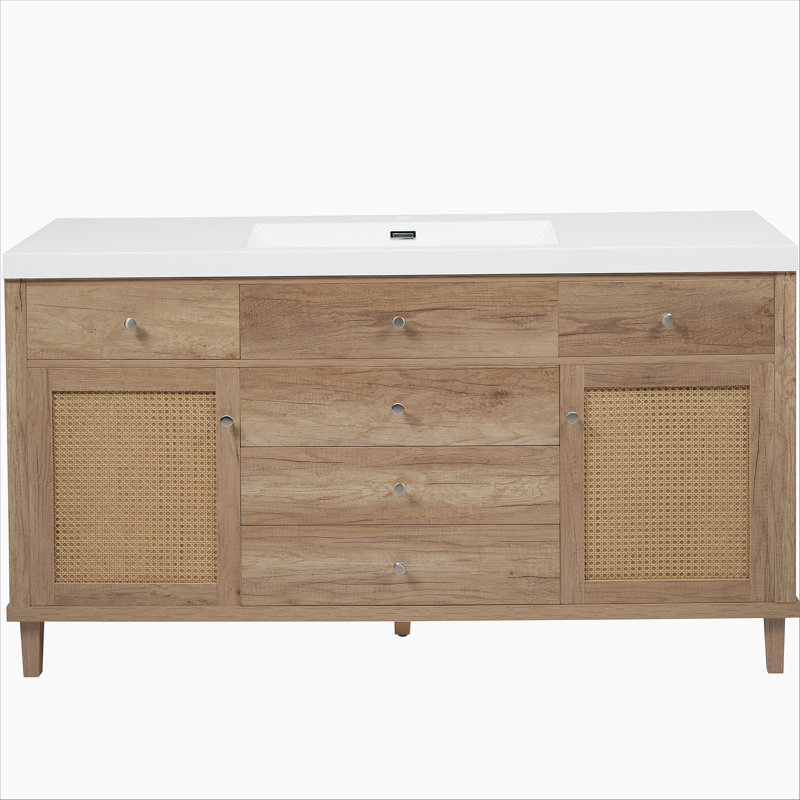 Meuble-lavabo de 60 po avec lavabo SMC, grande armoire de rangement moderne avec tiroirs à fermeture en douceur et portes en rotin, boutons en métal argenté et 5 pieds en pin, naturel