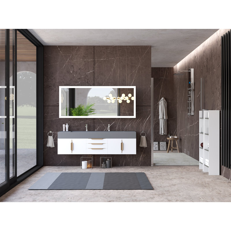 Alpine 72'' Wall-Mounted Single Vanity Base Only, White/Gold