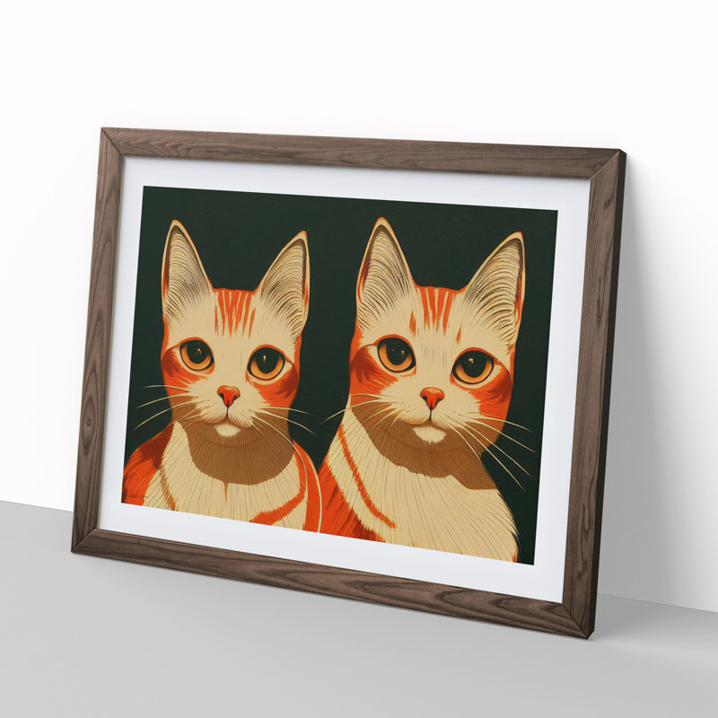 XH1022-9267X Two Art Deco Cats Vol.1 - Single Picture Frame Print, 25cm H x 34cm W x 2cm D, Walnut