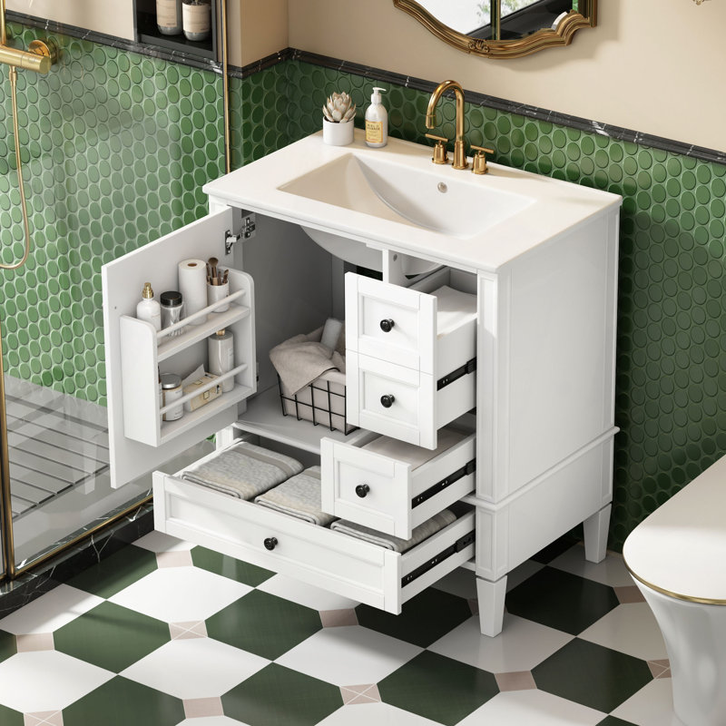 Meuble-lavabo moderne 30 po avec lavabo en céramique et 3 tiroirs