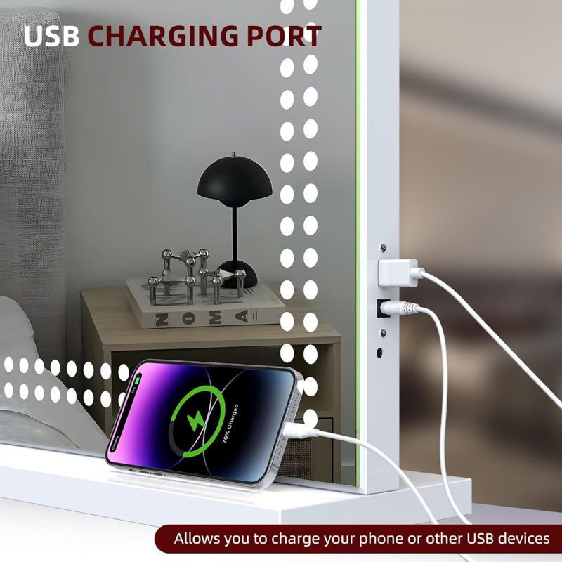 Miroir de salle de bain 32 po x 23 po avec lumières Hollywood, miroir de maquillage en verre trempé avec port de charge USB, 3 modes de couleur, miroir à intensité variable avec grossissement 10 fois pour une utilisation sur table ou au mur