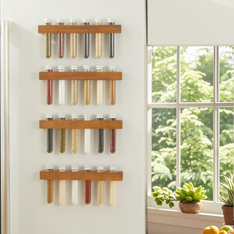 Magnetic Spice Rack Set for Fridge, Wooden Shelf with Storage Tubes and Labels, Brown