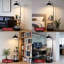 Lampe sur pied moderne moderne avec table d'appoint, hauteur réglable, gradation continue, télécommande et contrôle des applications, métal noir mat avec tablettes en bois-732140573