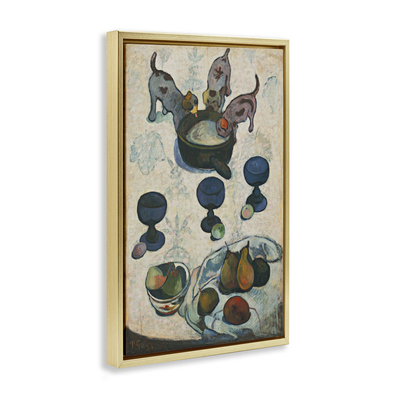 Toile flottante encadrée classique "Nature morte trois chiots" par one1000paintings, Cadre flottant métallique doré