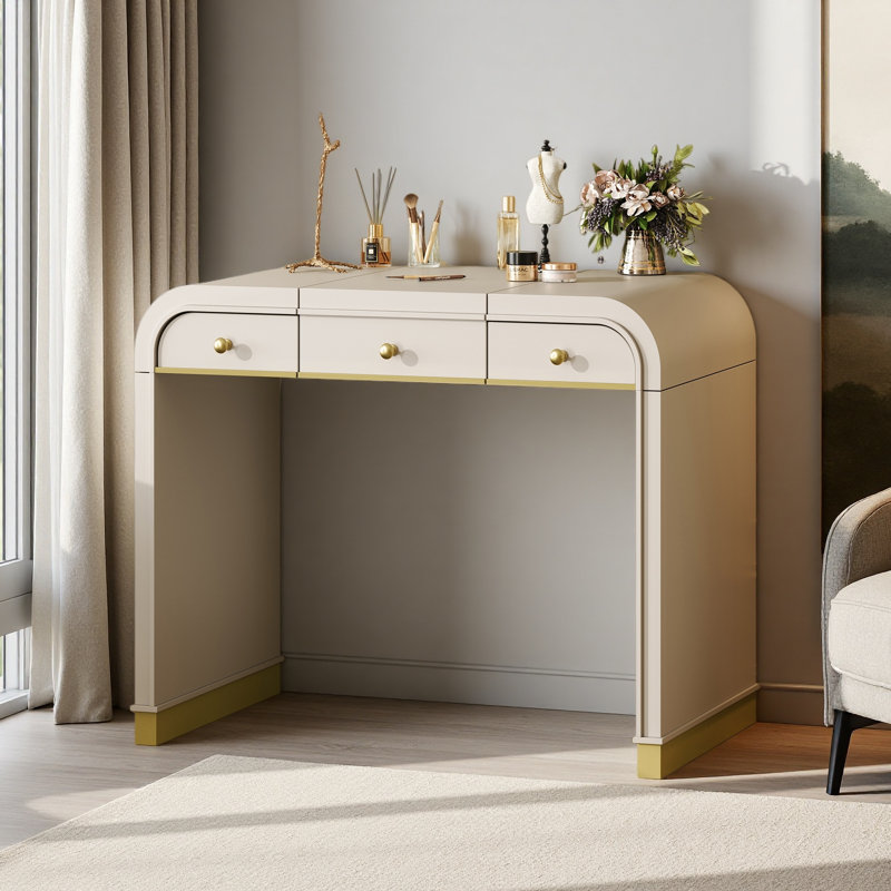 Bureau de coiffeuse classique en bois avec miroir rabattable, coiffeuse 3 en 1 avec 2 tiroirs et espace de rangement pour la chambre à coucher