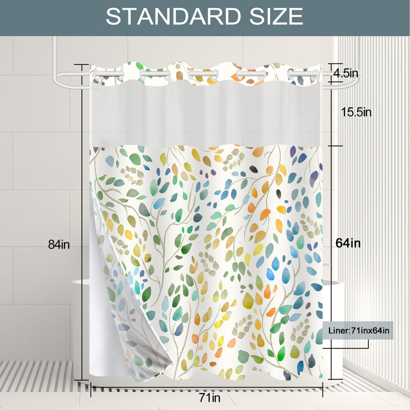 Rideau de douche semi-transparent à motif de feuilles colorées - Rideau de salle de bain imperméable, rideau de douche décoratif