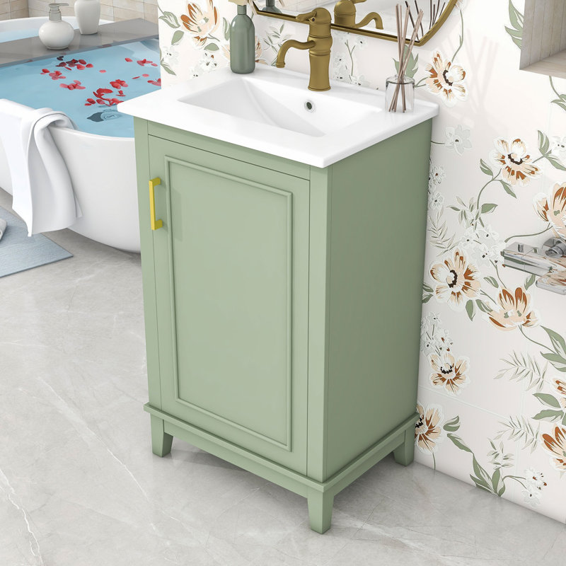 Meuble-lavabo simple autoportant en bois avec lavabo en céramique Deanza, Vert