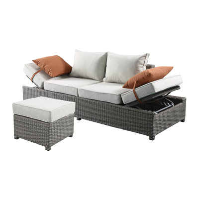 Salena Beige Fabric & Gray All-Weather Wicker Patio Sofa & Ottoman With 2 Toss Pillows