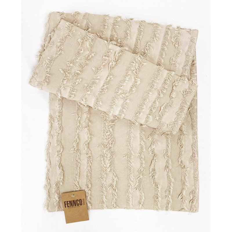 Chemin de table beige à rayures en coton 15 po x 72 po, Beige