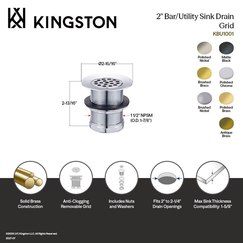 Kingston Brass Seattle 2-Inch Brass Grid Bar/Utility Sink Basket Strainer, Brushed Brass