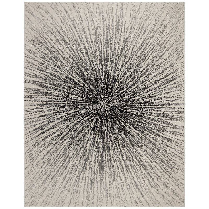 Tapis noir et ivoire à motif abstrait, Rectangle 8 pi x 10 pi