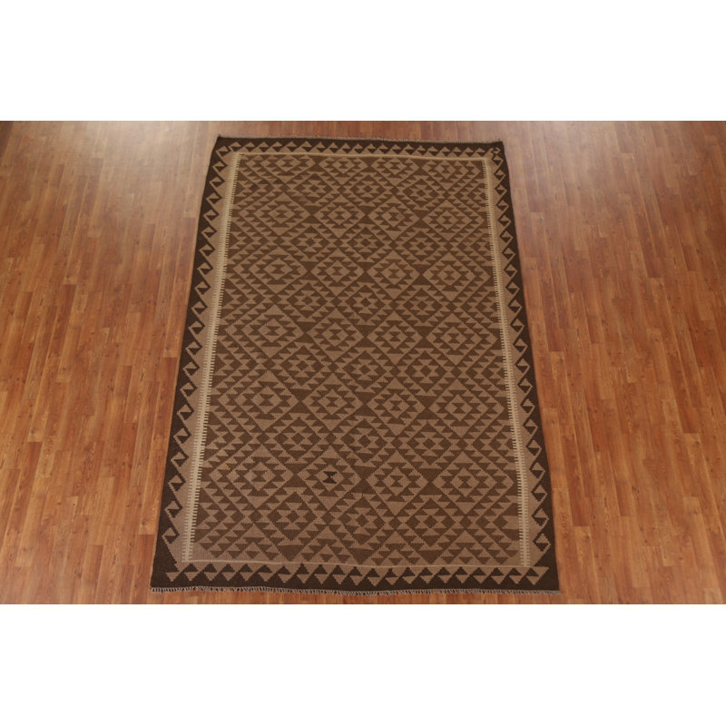 Tapis brun clair en laine noué à la main de conception unique 6 pi 7 po x 9 pi 9 po New Age