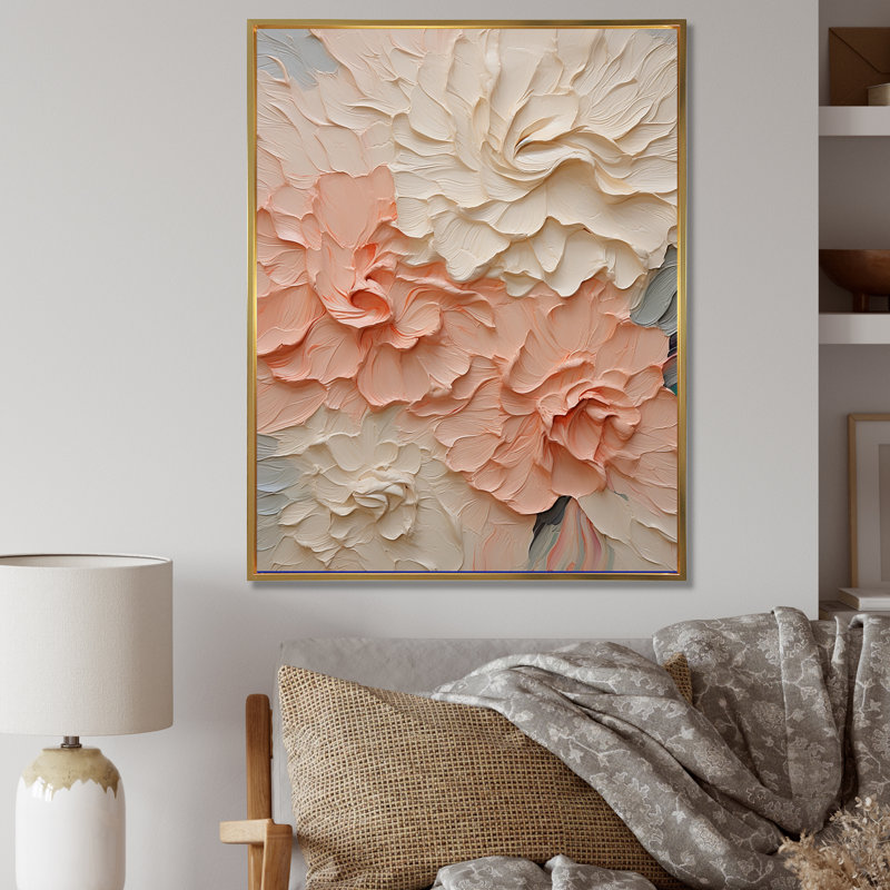 Fleurs beiges et roses en harmonie - Fleurs, art mural, H 32 po x l 24 po x P 1 po, Cadre flottant doré