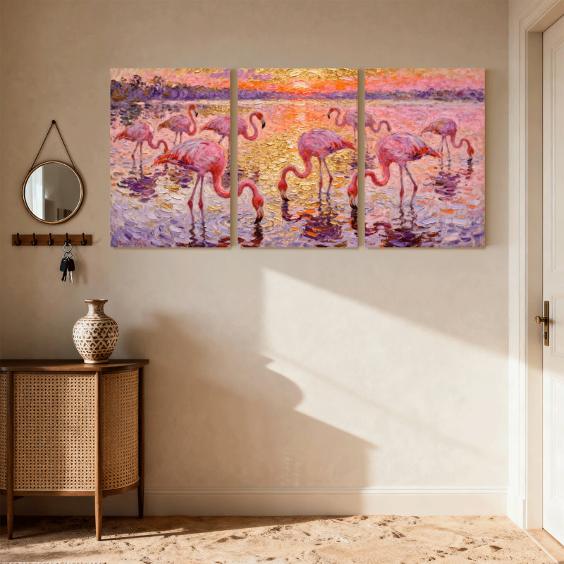 Oiseaux flamants roses au coucher du soleil, ensemble de 3 impressions sur toile, H 24 po x l 48 po