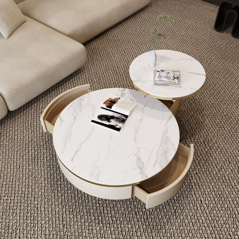 No Assembly Needed Coffee Table Set - White Rock Top, 2-Piece Contemporary Nesting Tables for Living Room, Durable & With Storage