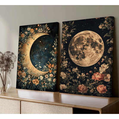 2 Pack 24 x 16 Inch Floral Crescent Full Moon Night Sky Canvas Wall Décor Bedroom