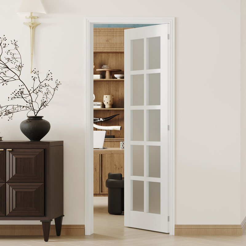 Porte intérieure en verre givré 10 Lite avec cadre réglable pré-suspendu - porte en panneau de fibres à densité moyenne blanc