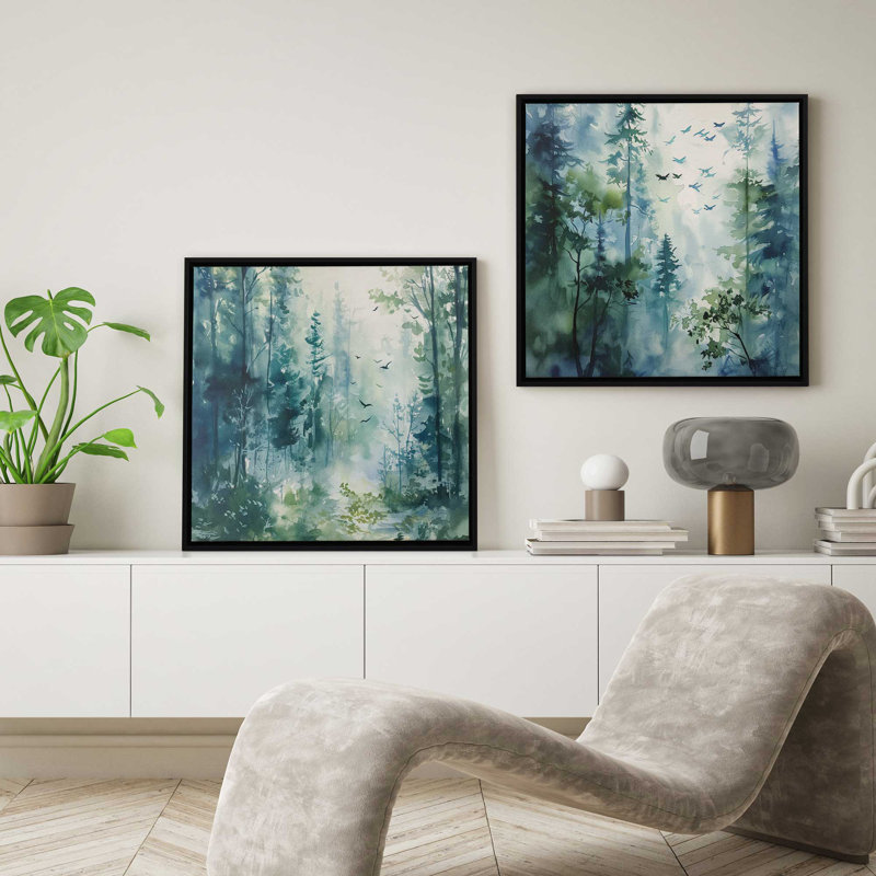 «Blue and Green Enchanted Forest», ensemble de 2, reproduction sur toile, Cadre blanc, H 16,75 po x l 16,75 po x P 1,75 po