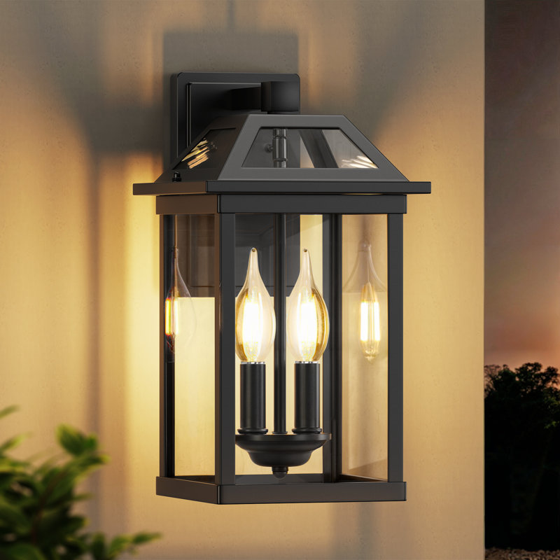  Applique murale d'extérieur 2 lumières, véranda noire moderne avec verre trempé, étanche, ampoules incluses