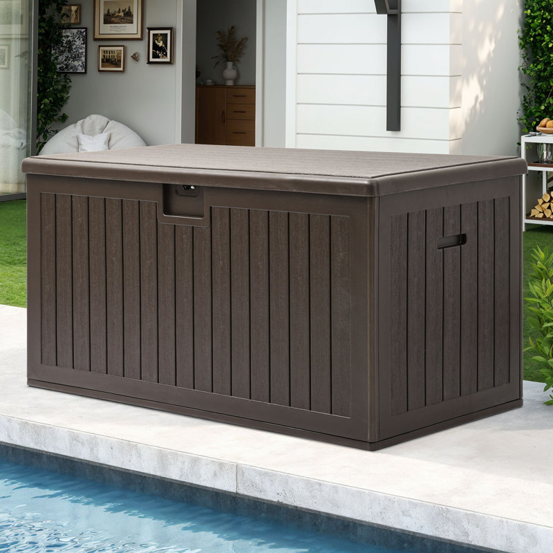 Edrosie Inc 150 Gallons Water Resistant Resin Lockable Deck Box, Brown, 150