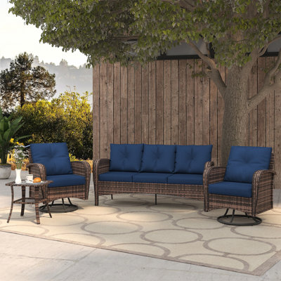 4 - Piece Outdoor Wicker Rattan Furniture Set With Swivel Rocking Chairs, 3 - Seat Sofa & Tempered Glass Coffee Table - Removable Water - Repellent Cushions For Patio, Garden & Poolside