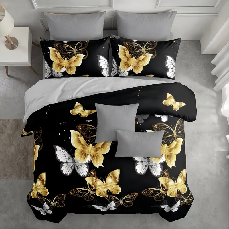 Queen Size 9-Piece Black & Gold Butterfly Bedding & Curtain Set (Queen) - Quilted Microfiber Bedspread + Sheer Drapes