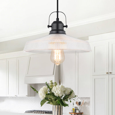 Industrial Pendant Light With Clear Prismatic Glass Shade, Adjustable Height 78.74" Matte Black Vintage Farmhouse Hanging Light For Kitchen Island Dining Room, E26 Base UL Listed