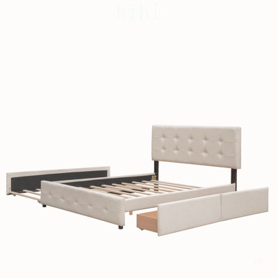 Lit plateforme tapissier avec 2 tiroirs et 1 lit gigogne simple TG, tissu en lin, grand lit, tête de lit capitonnée, structure en bois robuste