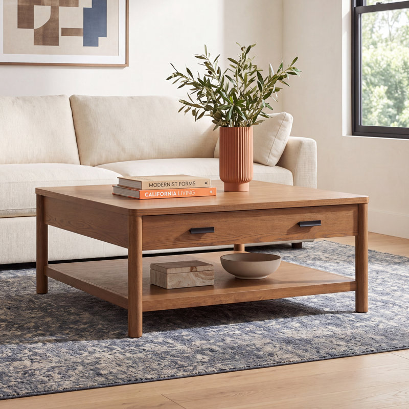 Kaplan Wood 1 Drawer Coffee Table, Medium Oak