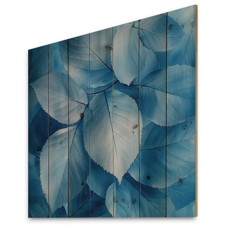 Minimalism Azure Leaves Harmony I - Leaves  Wood Print - On Natural Pine Wood, 36" H x 36" W x 0.78" D