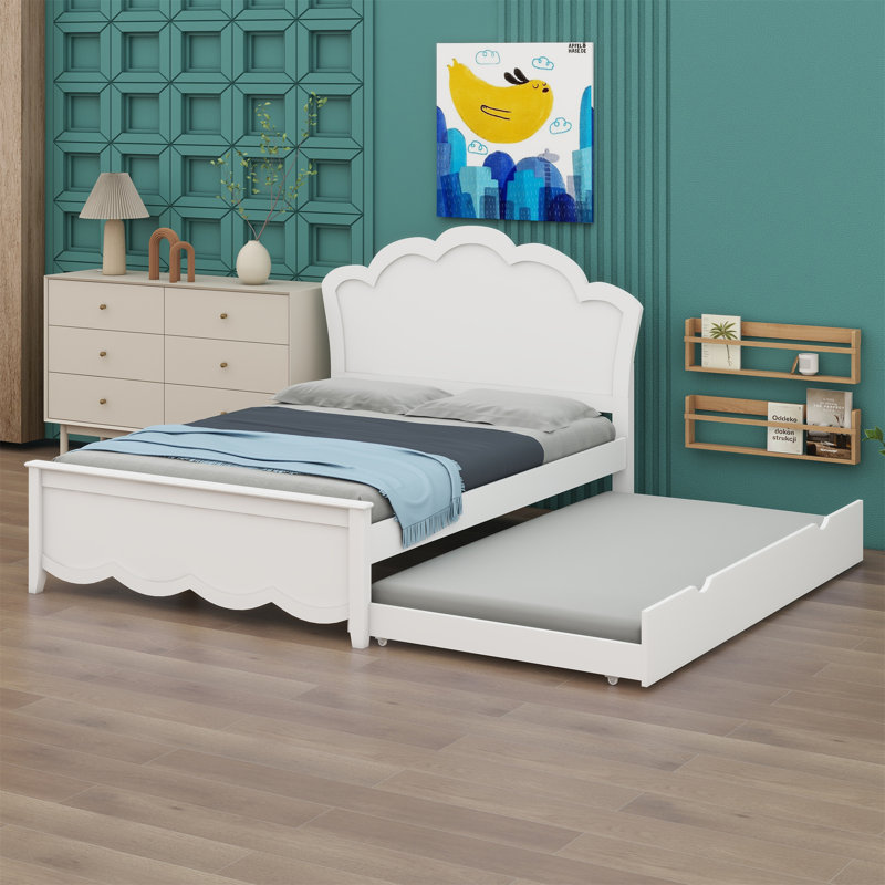 Platform Bed With Headboard And Trundle Bed, White, Full
